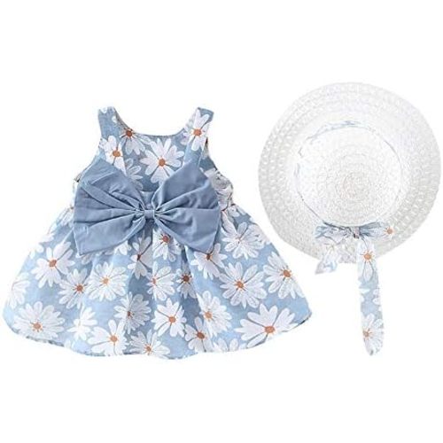IDOPIP Baby Girl Tutu Dress Summer Sleeveless Backless Princess Birthday Party Dresses Flower Bow Sundress with Straw Hat Set