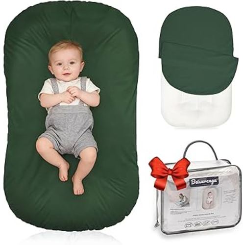 Baby Lounger for Newborn - Snuggle Cozy Me Lounger | Breathable Soft Cotton, 0-24 Months Portable Playtime Baby Nest, Newborn Baby Essentials Gifts- Moss (1 Lounger + 1 Cover)