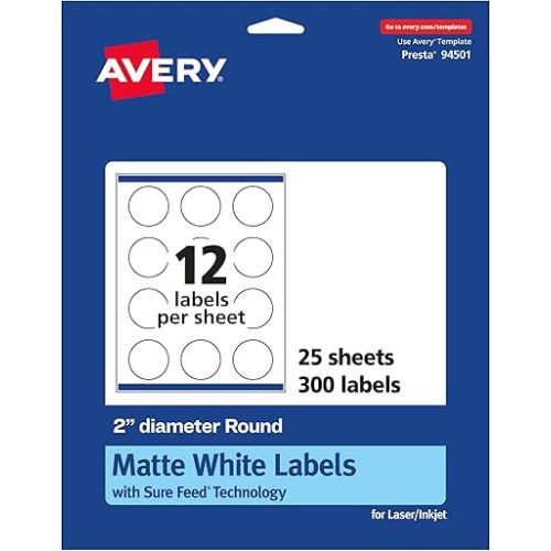 Avery Matte White Round Labels, Sure Feed Technology, 2" Diameter, 300 Matte White Printable Labels