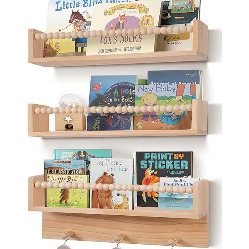 BIROLA Nursery Book Shelves with Beads Set of 3,Nursery Shelves for Bookshelf Wall,Wall Bookshelves for Kids,Bathroom Decor, Kitchen Spice Rack (Natural)