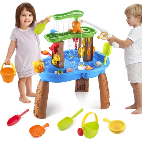 Water Table for Toddlers 3-5 Outdoor Toys for Kids Ages 4-8 | 3-Tier Kids Sand Water Tables with Fishing Game Set Activity Sensory Table Summer Gift Beach Outside Toys for Toddler Boys