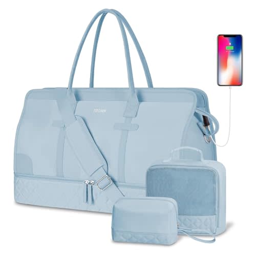 ETRONIK Weekender Overnight Bag for Women, Large Travel Duffle Bag with Shoe Compartment & Wet Pocket, Carry On Tote Bag Gym Duffel Bag with Toiletry Bag, 3 Pcs Set, Large Size, Light Blue
