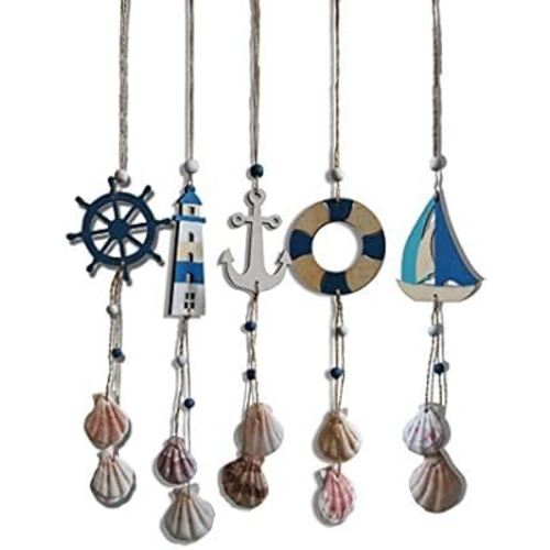 5-Piece Sailboat, Rudder, Anchor, Lighthouse, & Life Ring Buoy Natural Seashell Rustic Twine Hanging Home & Room Beach Décor