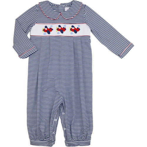 Navy Smocked Airplanes Knit Long Romper