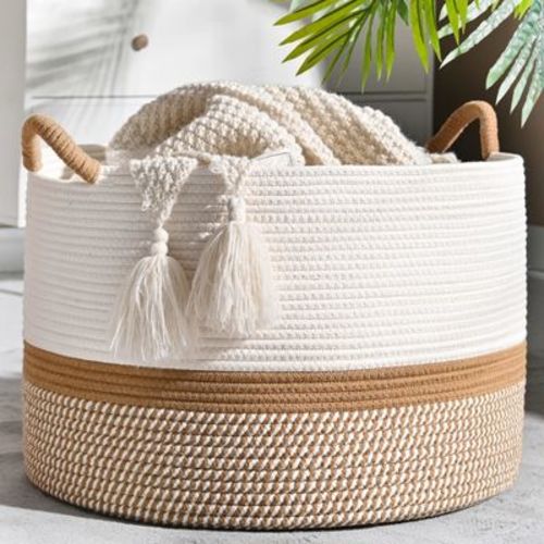 Aoibox Large Cotton Rope Blanket Basket 20x13 Inch Woven Laundry Hamper Storage Organizer for Living Room Nursery Pillows Toys