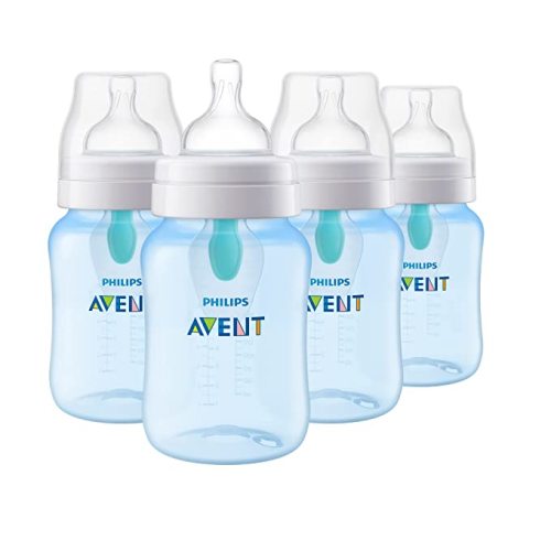 Philips Avent Anti-Colic Bottle with AirFree Vent, 9oz, with Flow 2 Nipples, 1m+, 4pk, Blue, SCY703/24