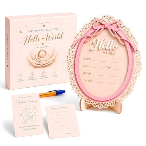 Baby Announcement Sign – Hello World Newborn Sign in 3D Wood with Charming Pink Bow Accent & Elegant Vintage Frame Details for Newborn Memories, Nursery Décor & Baby’s First Precious Moments