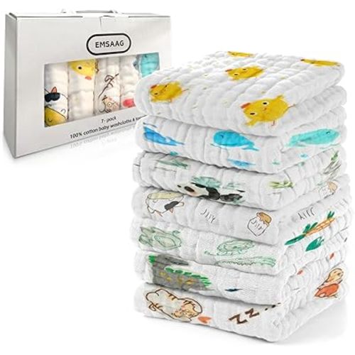 Gift Boxed Animal Pattern Baby Washcloths Pack of 7 - Absorbent Bath and Face Towels, Soft Sweat Cloths for Newborn 100% Cotton Baby Wipes, Burp Cloths for Babies and Infants