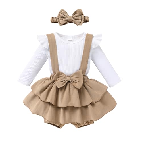 YOUNGER TREE Baby Girl Clothes Winter Outfit Long Sleeve Romper Newborn Fall Corduroy Suspender Skirt Set with Headband