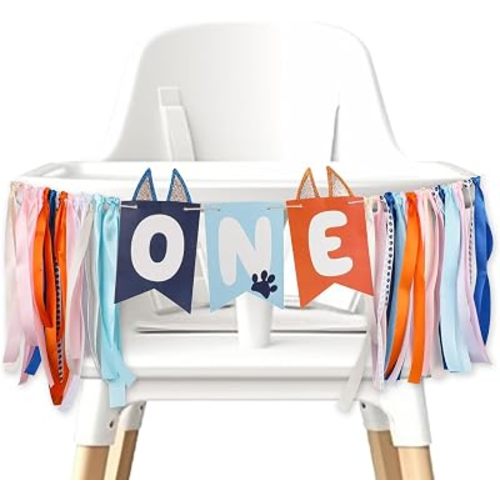 Light Blue Navy Brown Orange First Birthday High Chair Banner Decorations