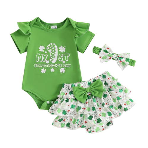 adviicd My First St Patricks Day Baby Girl Outfit Ruffle Bodysuit Bows Shorts Spring Outfit Baby Girl Summer Outfit (Green,0-3 Months)