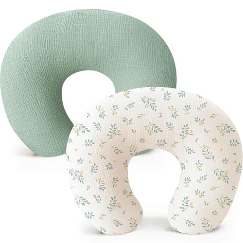 Konssy Muslin Nursing Pillow Covers, Soft and Cute Nursing Covers for Breastfeeding Pillows, Ideal for Newborn Baby Boys and Girls (Green, Leafy) - 2 Pack