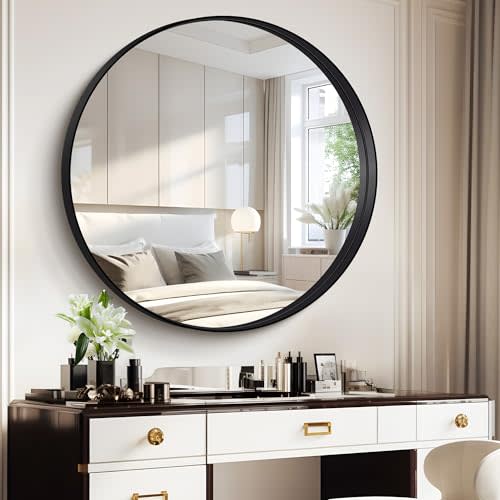CIVENO Black Round Mirror 36 inch Deep Frame Circle Mirror, Metal Framed Bathroom Mirror, Round Vanity Mirror, Circle Mirrors for Wall Entryway Bedroom Living Room Hallway