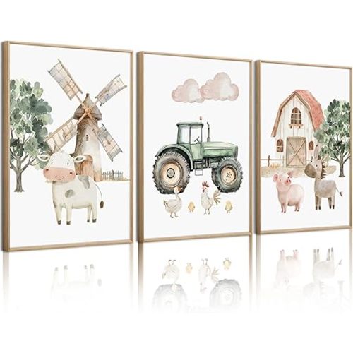 Nursery Farm Animal Wall Art Decor Baby Animal Canvas Prints Nursery Kids Farmhouse Poster Farm Cow Pig Pictures Wall Decor Green Tractor Painting Artwork for Children Bedroom 12x16 Inch Framed 3Pcs