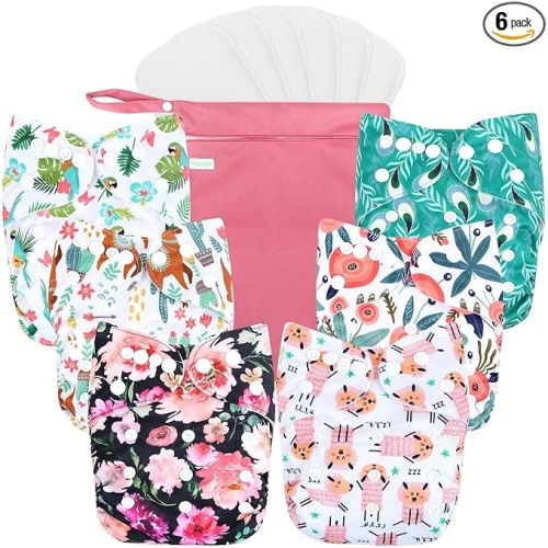wegreeco Cloth Diapers 6 Pack with 6 Inserts & 1 Wet Bag, Washable Cloth Diapers for Babies, One Size Adjustable Reusable (Flower)