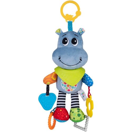 Balibazoo Hippo Hanging Baby Activity Toy – Soft Plush Sensory Toy with 3 BPA-Free Silicone Teethers, Crinkle Ears & Hidden Bell | Clip for Stroller and Car Seat | Developmental Toy 0-24M | Gift