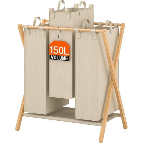 Laundry Hamper 3 Section, 150L Large Laundry Sorter Organization, Foldable X-Frame Laundry Bin for Bedroom, Bathroom, Living Room