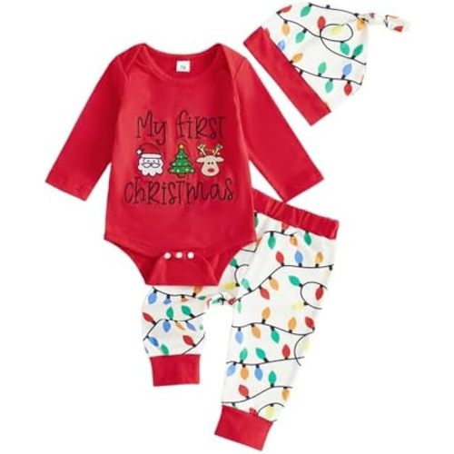My First Christmas Baby Girl Boy Outfit Long Sleeve Romper Onesie Top+Pants+Headband Fall Winter Clothes