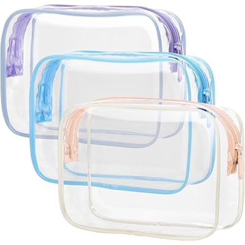 PACKISM Clear Toiletry Bag - 3 Pack TSA Approved Toiletry Bag Quart Size Bag, Travel Makeup Cosmetic Bag for Women Men, Carry on Airport Airline Compliant Bag, Blue-Purple-Pink