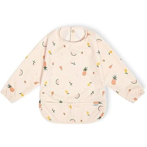 Lalo Smock Bib - Long Sleeve Bib for Infants and Toddlers - Elastic Cuffs, Large Catch-All Pocket, Waterproof Recycled Polyester - Easy to Clean for Mealtime - Fruit Print Grapefruit Infant