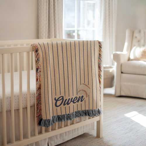 Customized Baseball Baby Name Blanket, Woven Baby Blanket, Gift for Boy Baby Shower, Sports Nursery Decor, Baseball Baby Shower Gift