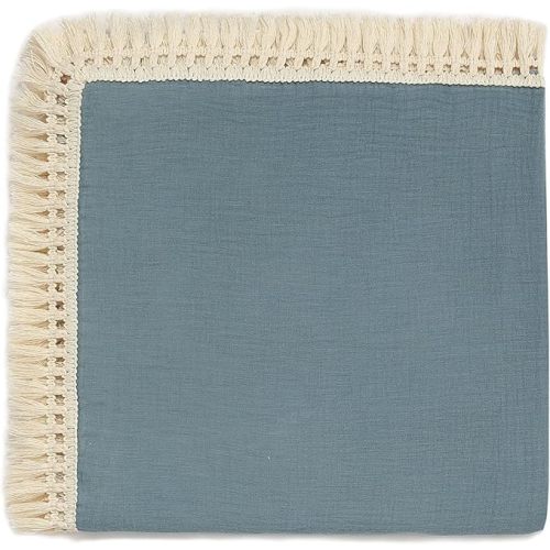 insular Cotton Muslin Baby Blanket with Tassel, Boho Bohemian Muslin Swaddle Blanket Baby Receiving Blanket with Fringe, Nursery Decor Throw or Nursing Blankets, 47" x40”, Blue