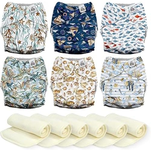 Mama Koala 6 Pack Reusable Cloth Diapers 3.0 for Babies Newborn, One-Size Adjustable Baby Diaper, Durable Stitching, Back Opening for Inserts, Breathable Awj Lining, Leak Prevention-Underwater Explo..