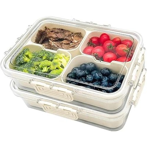 Snackle Box Container, Upgrade Dishwasher,Safe Snack Box for Adult Kids, 4 compartments Plastic Divided Serving Tray with Lid and Handle for Candy, Fruits, Snacks, Nuts,Small,2 Pack
