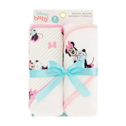 Disney Cudlie Baby Girl Minnie Mouse 2 Pack Rolled/Carded Hooded Towels in Tiny Stripe Print