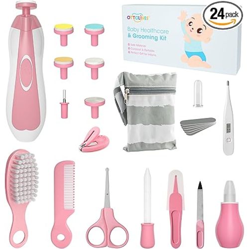 Baby Healthcare and Grooming Kit, 24 in 1 Baby Electric Nail Trimmer Set Newborn Nursery Health Care Set for Newborn Infant Toddlers Baby Boys Girls Kids Haircut Tools (0-3 Years+) (Pink)
