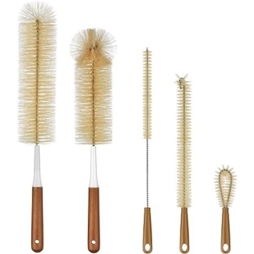 ALINK 5-Pack Bottle Brush Cleaner - Extra Long Bamboo Handle Water Bottle Straw Cleaning Brush for Washing Narrow Neck Beer Wine Decanter, Sports Bottle, Thermos, Flask