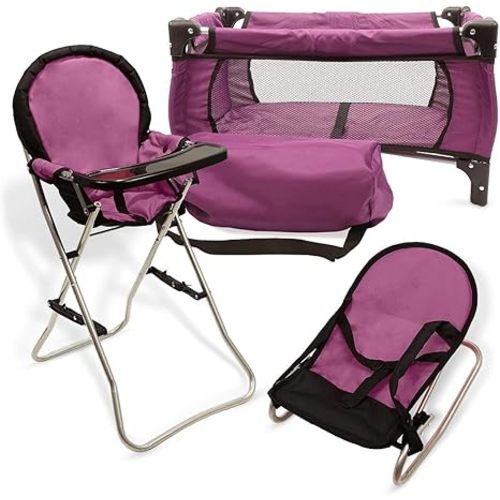 Mommy & Me 3 in 1 Baby Doll Accessories Mega Deluxe Playset with High Chair, Bouncer, Pack N Play & Crib (Purple)