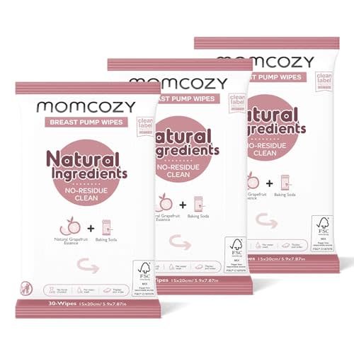 Momcozy Natural Breast Pump Wipes for Pump Parts Cleaning On-the-go, 30 Count (Pack of 3), Flash Clean & Resealable Pump Wipes