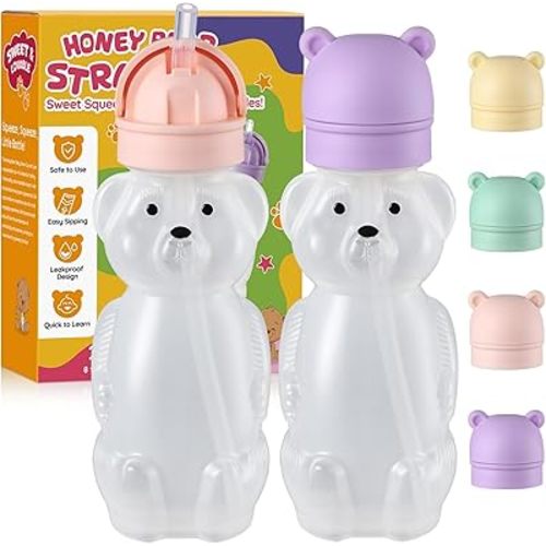Upgraded 2 Pack Honey Bear Straw Cups for Baby - Flip-Top, Spill-Proof Design with Anti-Pullout & Pop-Up Straw - 8oz Squeezable Sippy Cup for Speech and Feeding Training, BPA-Free (Pink & Purple)