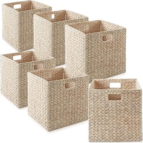 Casafield 13" x 13" Hyacinth Storage Baskets, Whitewash - Set of 6 Storage Organizers, Woven Wicker Cubes for Bathroom, Bedroom, Laundry, Shelves