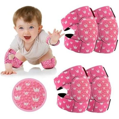 2 Pairs Baby Knee Pads for Crawling Adjustable Knee Pads Toddler Crawler Knee Protector for Infant Girl Boy Crawling (Pink Crown)