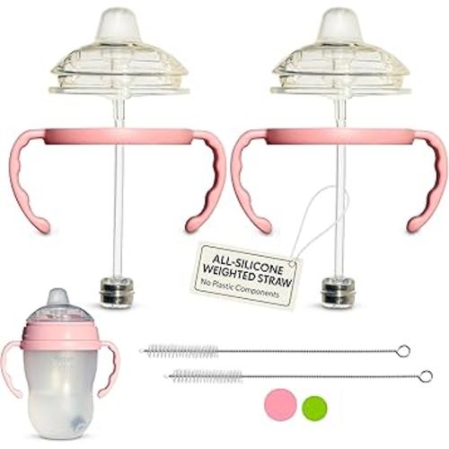 Sippy Cup Conversion Kit for Comotomo Baby Bottles 2-Count, Soft Food Grade Silicone Spout Nipples, All Silicone Weighted Straw, Bottle Handles, Cleaning Brush, BPA-Free, 4+ months (Sippy Spout, Pink)