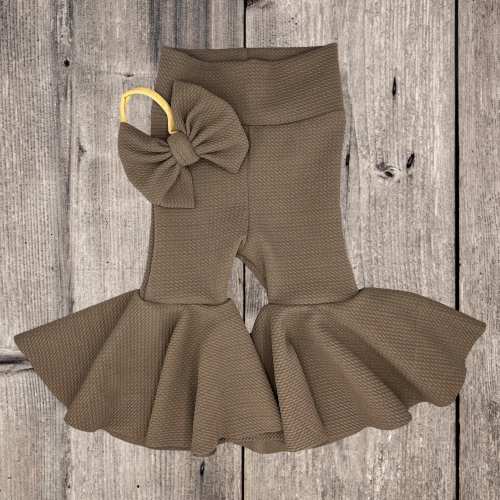 Baby Bell Bottoms & Matching Bow Set/ Infant Bells/ Toddler Girls Flare Pants/ Baby Bell Bottoms/ Western Outfit/ Brown/ Natural Colors