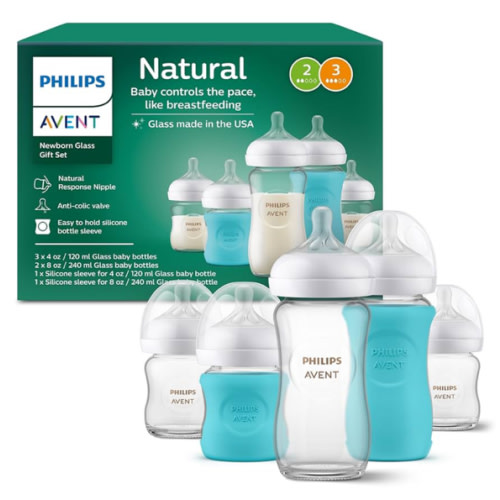 Philips Avent Natural Newborn Glass Gift Set, Baby Bottles with Natural Response Nipples, 3X 4oz (Slow Flow, Flow 2) and 2X 8oz (Medium Flow, Flow 3), 2X Silicone Sleeves, SCD858/01