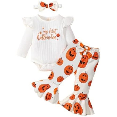 My First Halloween Outfit Newborn Baby Girl Outfits Pumpkin Long Sleeve Ribbed Romper Flare Pant Headband 3Pcs