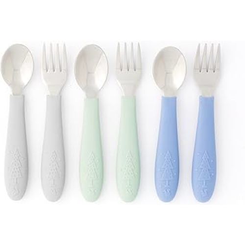 Elk and Friends Kids Silverware with Silicone Handle | Childrens Safe Flatware | Toddler Utensils | Baby Spoons + Forks | Stainless Steel Cutlery