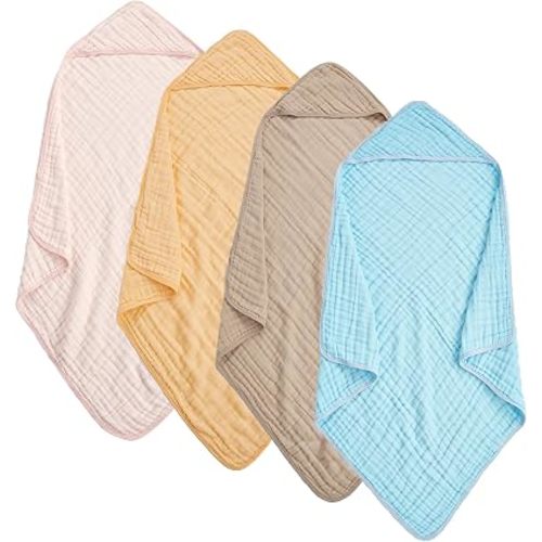 Muslin Hooded Baby Towels 4Pack - 32x32 Inches, Premium 6-Layer 100% Cotton Extra Soft Absorbent Bath Towels for Infant, Newborn Gift Set (4 Pure Colors)