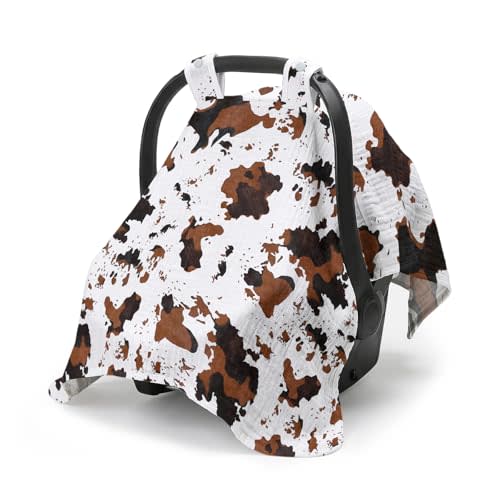 Car Seat Cover Baby Boy Girl, Breathable Muslin Cotton Baby Car Seat Cover Canopy, Carseat Covers Canopies for Summer Sunshade Babies, New Mom Gifts for Newborn Essential Gift, Brown Cow Print