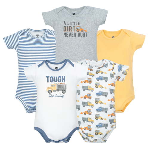 Hudson Baby Infant Boys Cotton Bodysuits 5-Pack, Blue Construction Trucks, 0-3 Months