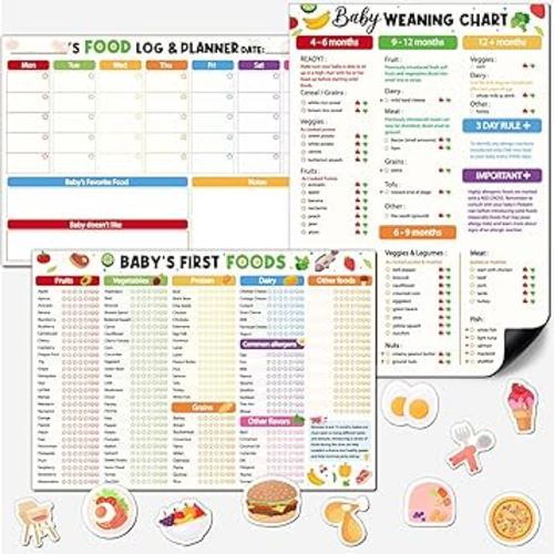13Pcs Baby's First Food Tracker Fridge Magnet-Reusable Baby Weaning Chart Food Log Meal Planner 101 Foods Before 1 Checklist for Introducing Solids with 10 Cute Fridge Magnets (Classic Colorful)