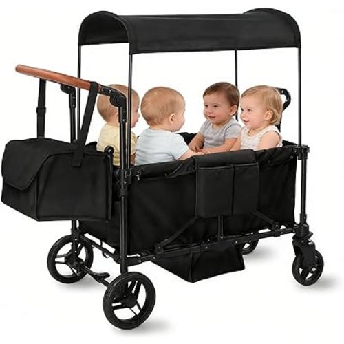 Stroller Wagon for 4 Kids, Foldable All Terrain Wagon for Kids, with Removable Canopy, Adjustable Push and Pull Handle, 5 Point Harnesses, Large Storage Bag