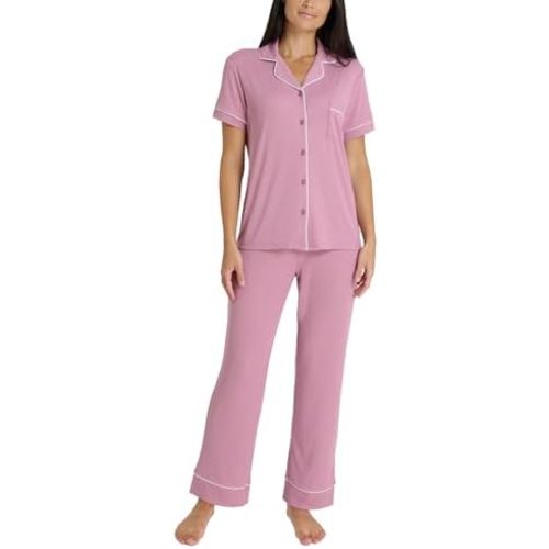 Nicole Miller New York Women's Pajamas 2 Piece Soft Ribbed Notch Collar Button Down PJ Set