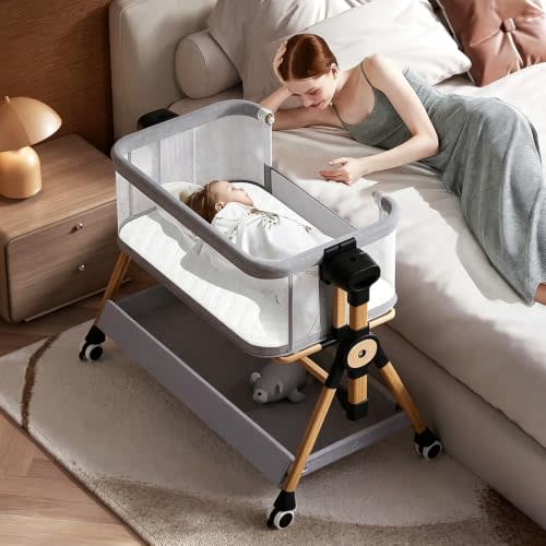 3 in 1 Baby Bassinet,Bedside/Rocking Bassinet for Baby,Bedside Crib with Lockable Wheels,Waterproof Mattress,Adjustable 6 Heights,Portable Bassinets Bedside Sleeper for Newborn Infant