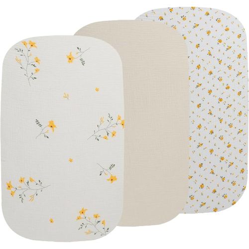 Onacosht Muslin Bassinet Sheets 3 Pack, 100% Cotton Baby Fitted Sheet 33" x 19" Compatible with Mika Micky, KoolaBaby (3 in 1), BabyBond, HARPPA and RICUTON Bedside Bassinet, Leaf and Floral Beige
