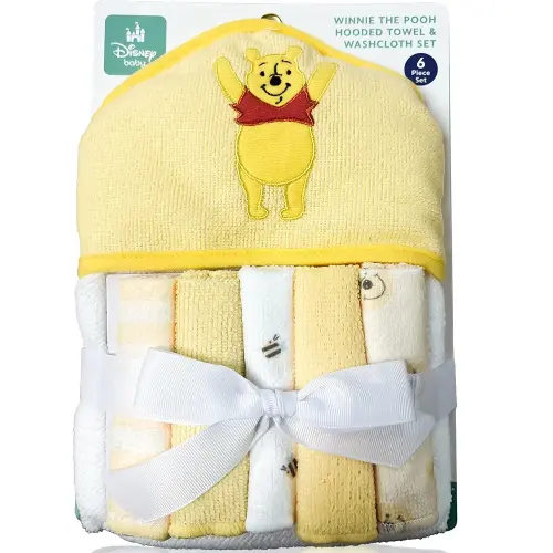 Winnie The Pooh Bath Towel Set | Winnie The Pooh Hooded Baby Bath Towel | Includes Hoodie Towel & 5 Wash Cloths | Yellow/White | Officially Licensed